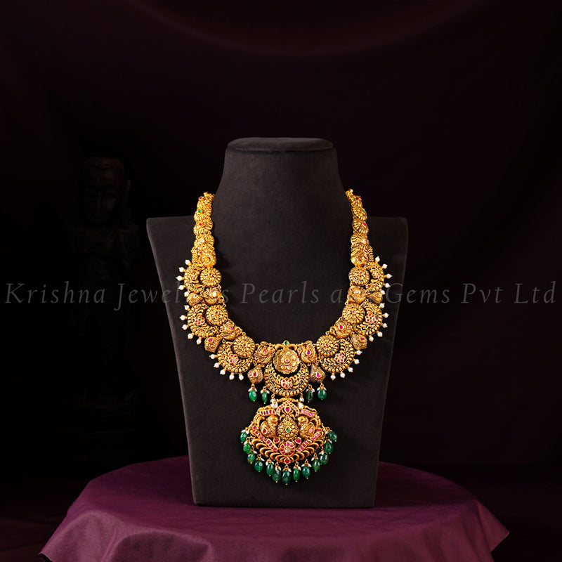 22K Traditional Nakshi Haram with Ruby Emerald Pota and Diamonds