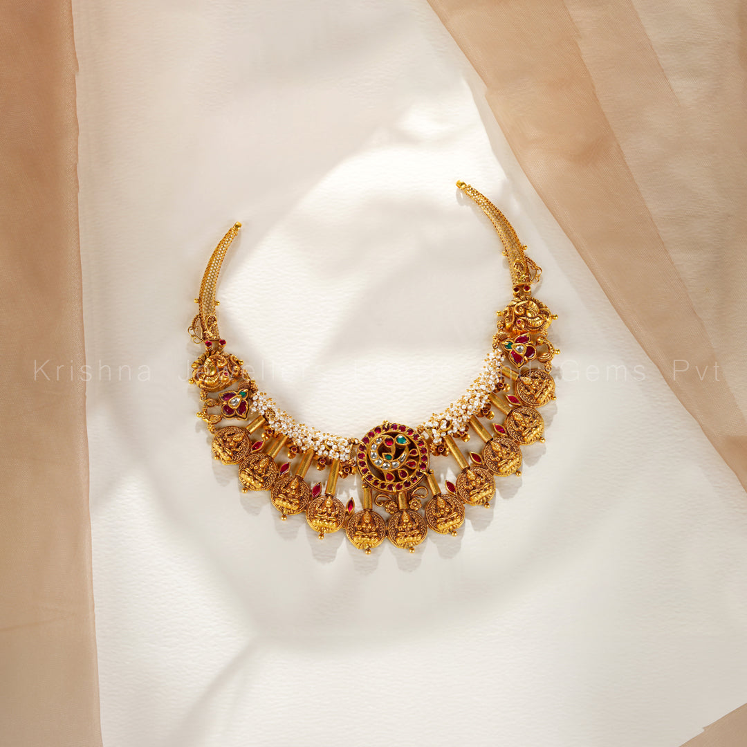Antique Gold Lakshmi Kasu Necklace with Pearl Clusters