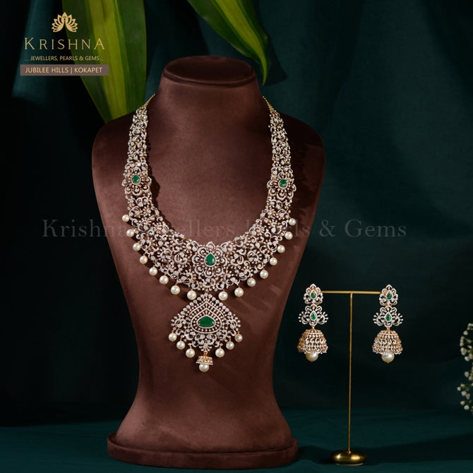 Diamond Long Haar Necklace with Jhumka Earrings Bridal Set