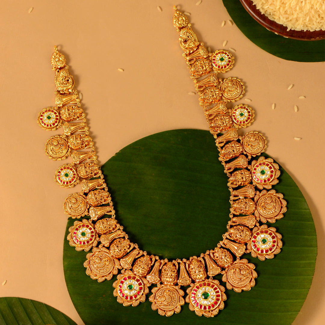22K Gold Bottu Lakshmi Haram with Peacock Motifs & Pota Stones