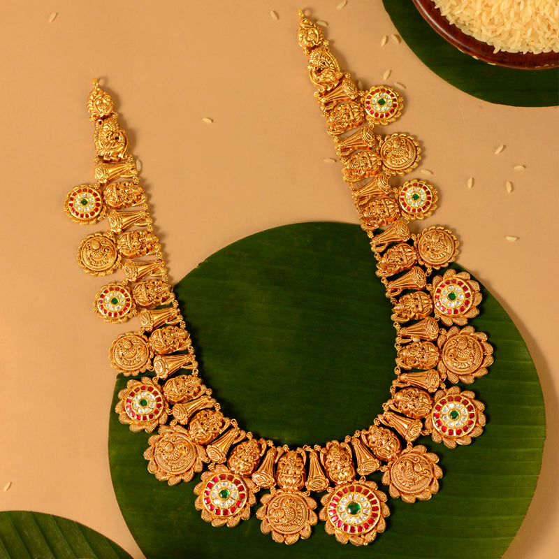 22K Gold Bottu Lakshmi Haram with Peacock Motifs & Pota Stones