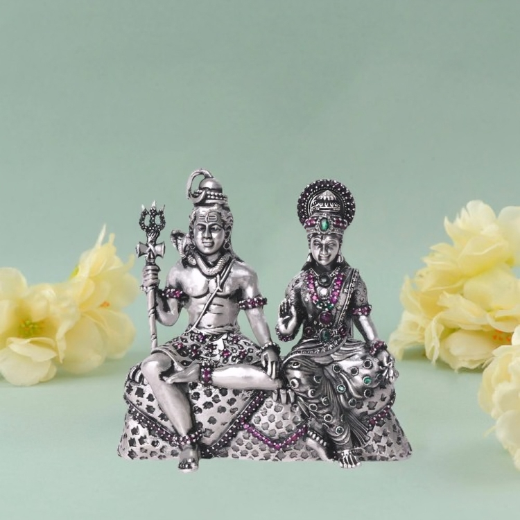 92.5 Silver Divine Couple Shiva Parvati Idol with Stonework