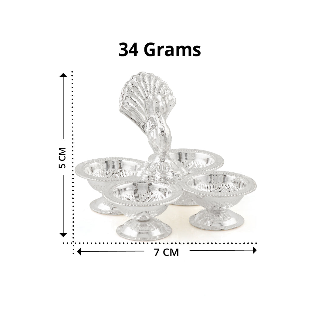Pure Silver Panchapalli with Four Bowls & Peacock Motif - Traditional Pooja Set