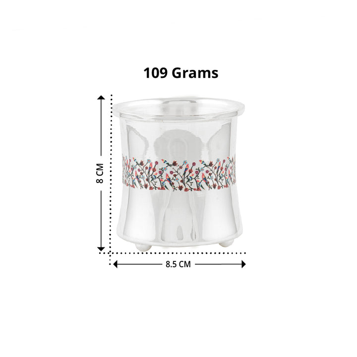 Pure Silver Embossed & Enamel Paint Floral Panchapatra