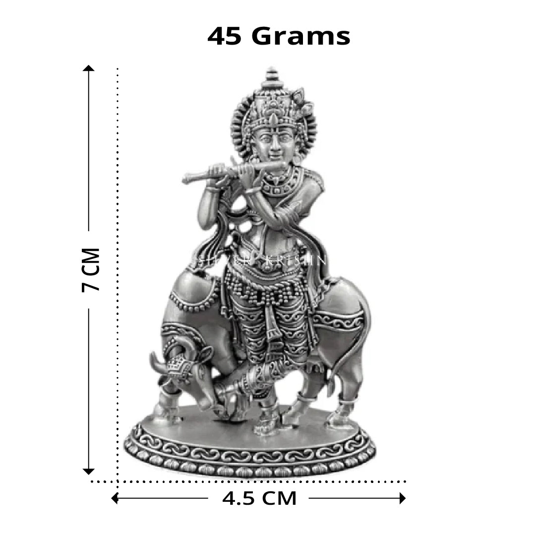 Silver Bala Krishna Statue - Cow, Home Temple