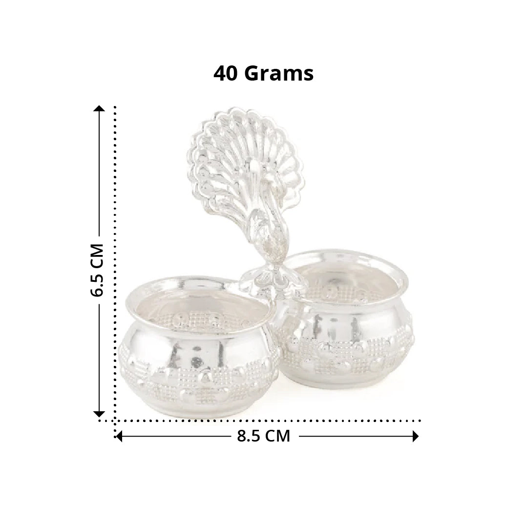 Peacock-Themed Pure Silver Kumkum and Haldi  Bowls  Set Of 2