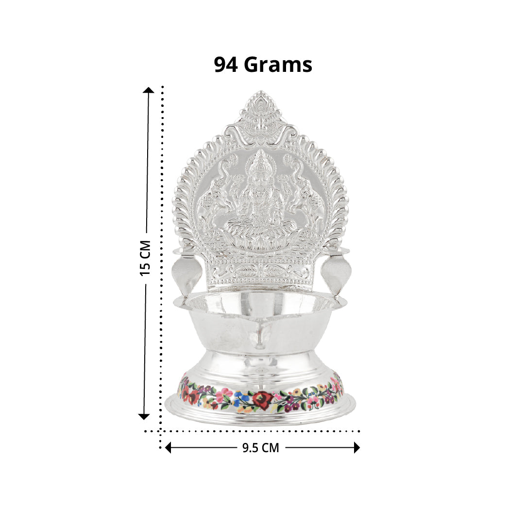 Pure Silver Laxmi Deepam Stand with Enamel Paint & Deity Motif
