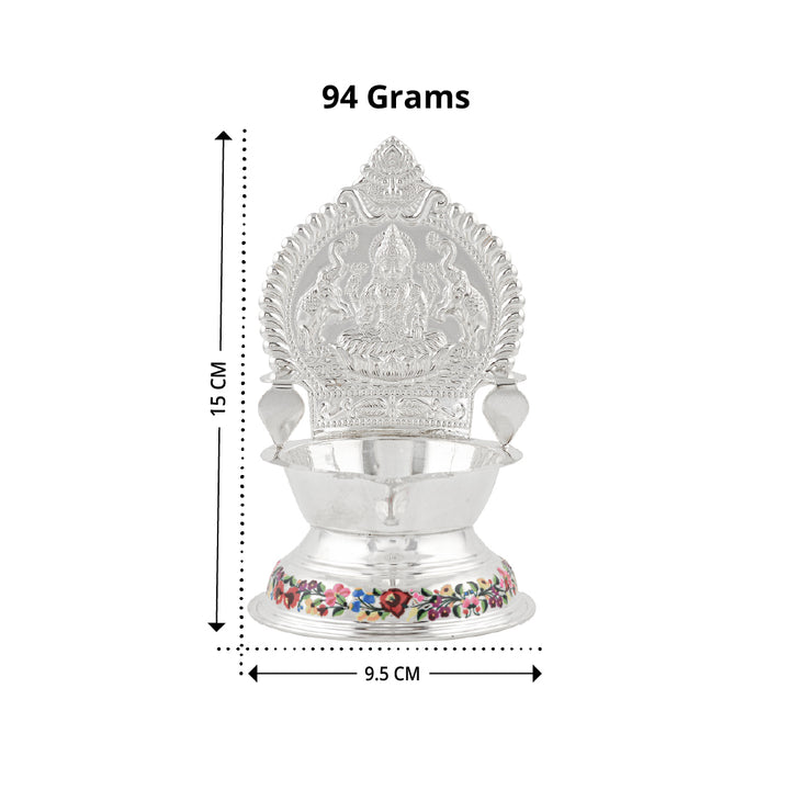 Pure Silver Laxmi Deepam Stand with Enamel Paint & Deity Motif