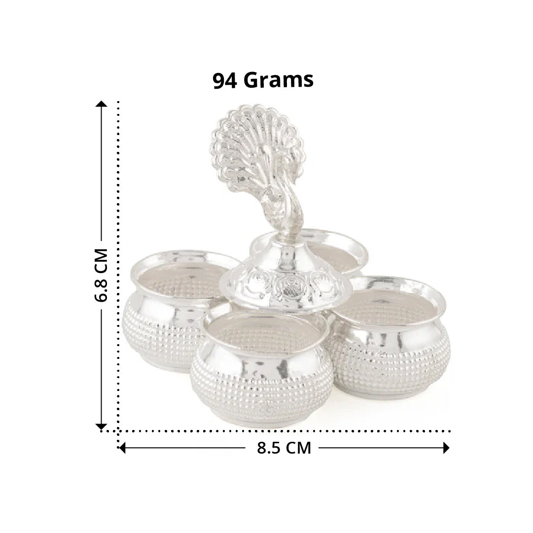 Beautiful Peacock-Themed Pure Silver Kumkum and Haldi Bowls (Set of 4)