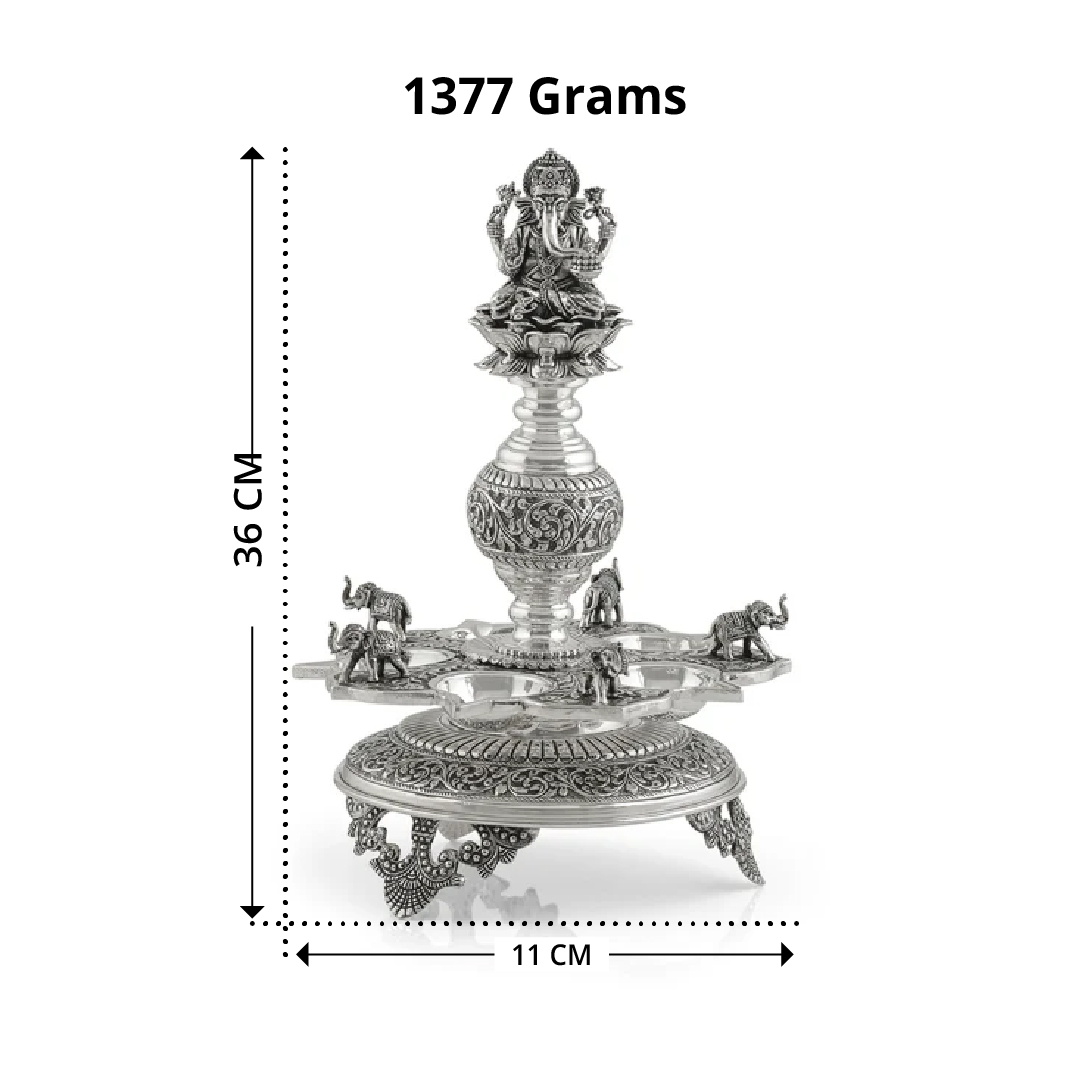Divine Silver Diya Stand With Ganesh and Elephants