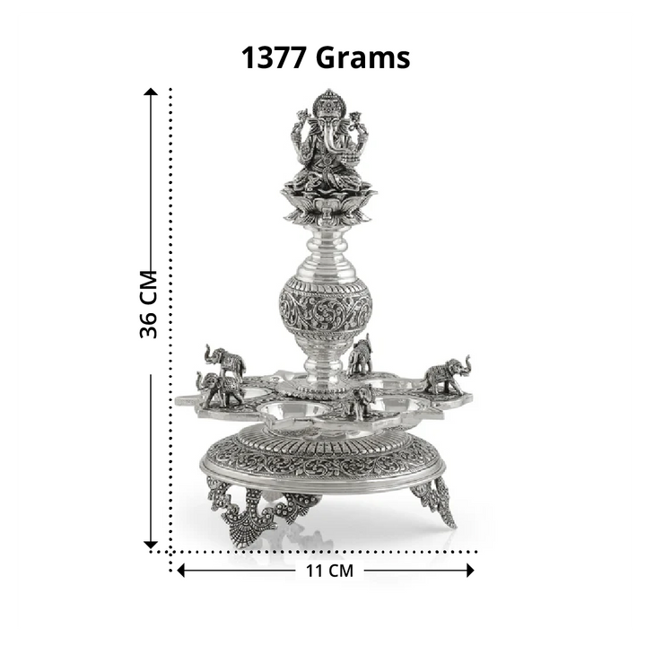Divine Silver Diya Stand With Ganesh and Elephants