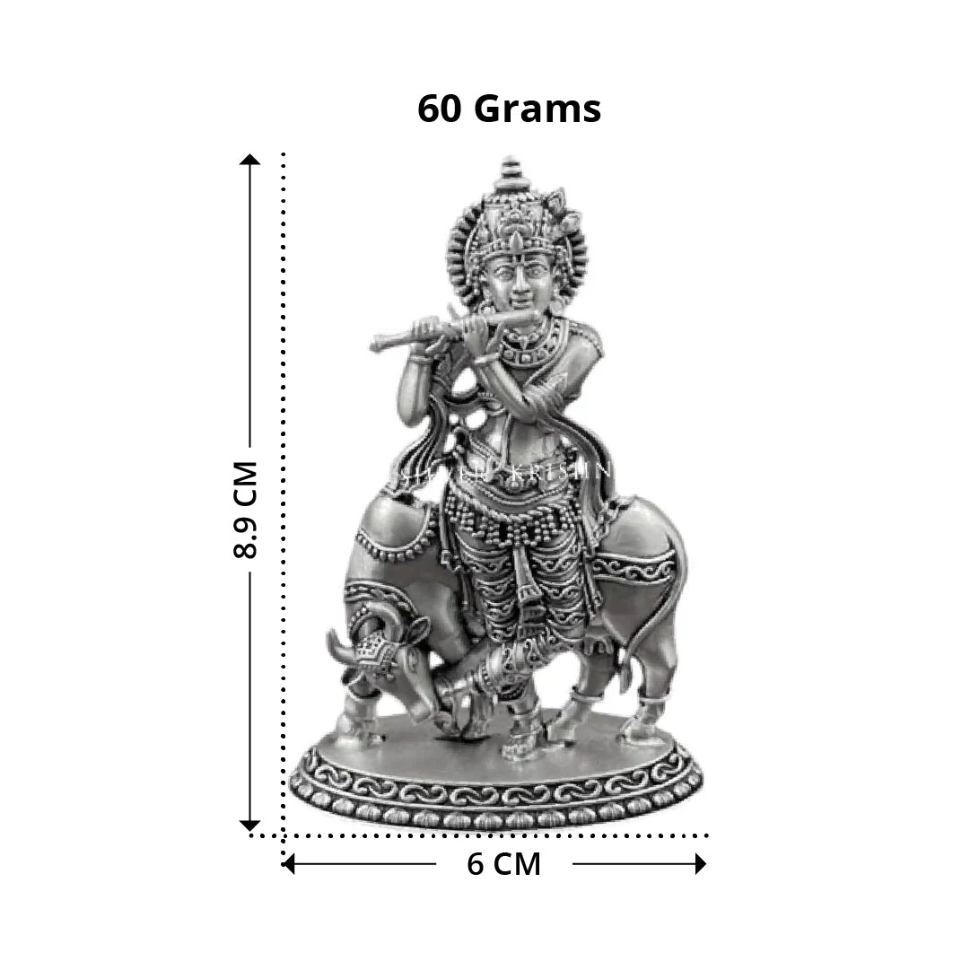 Silver Bala Krishna Statue - Cow, Home Temple