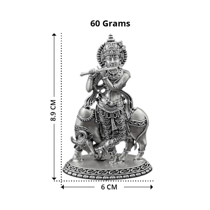 Silver Bala Krishna Statue - Cow, Home Temple