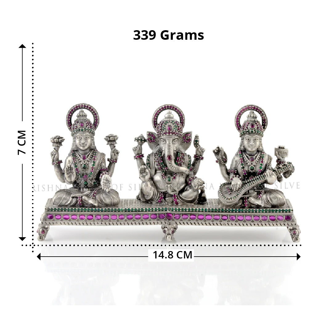 Silver Ganesh Saraswati Lakshmi - 3 Blessings Idol with Stone Detailing