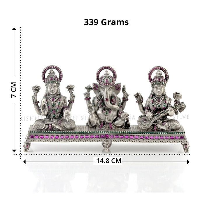 Silver Ganesh Saraswati Lakshmi - 3 Blessings Idol with Stone Detailing