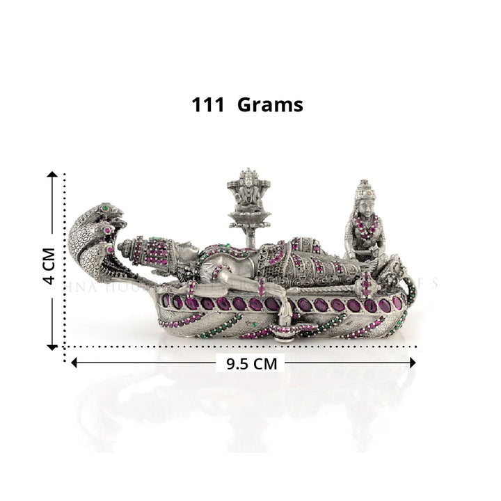 Divine Silver Vishnu Sheshashayi Idol – Reclining Lord on Adishesha with Jeweled Stones Accents