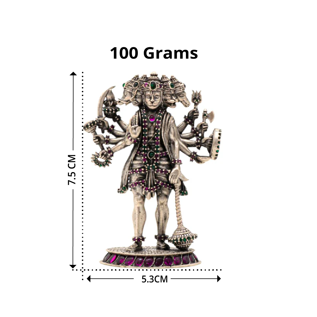 Panchmukhi Hanuman Idol in Silver - Jeweled & Powerful