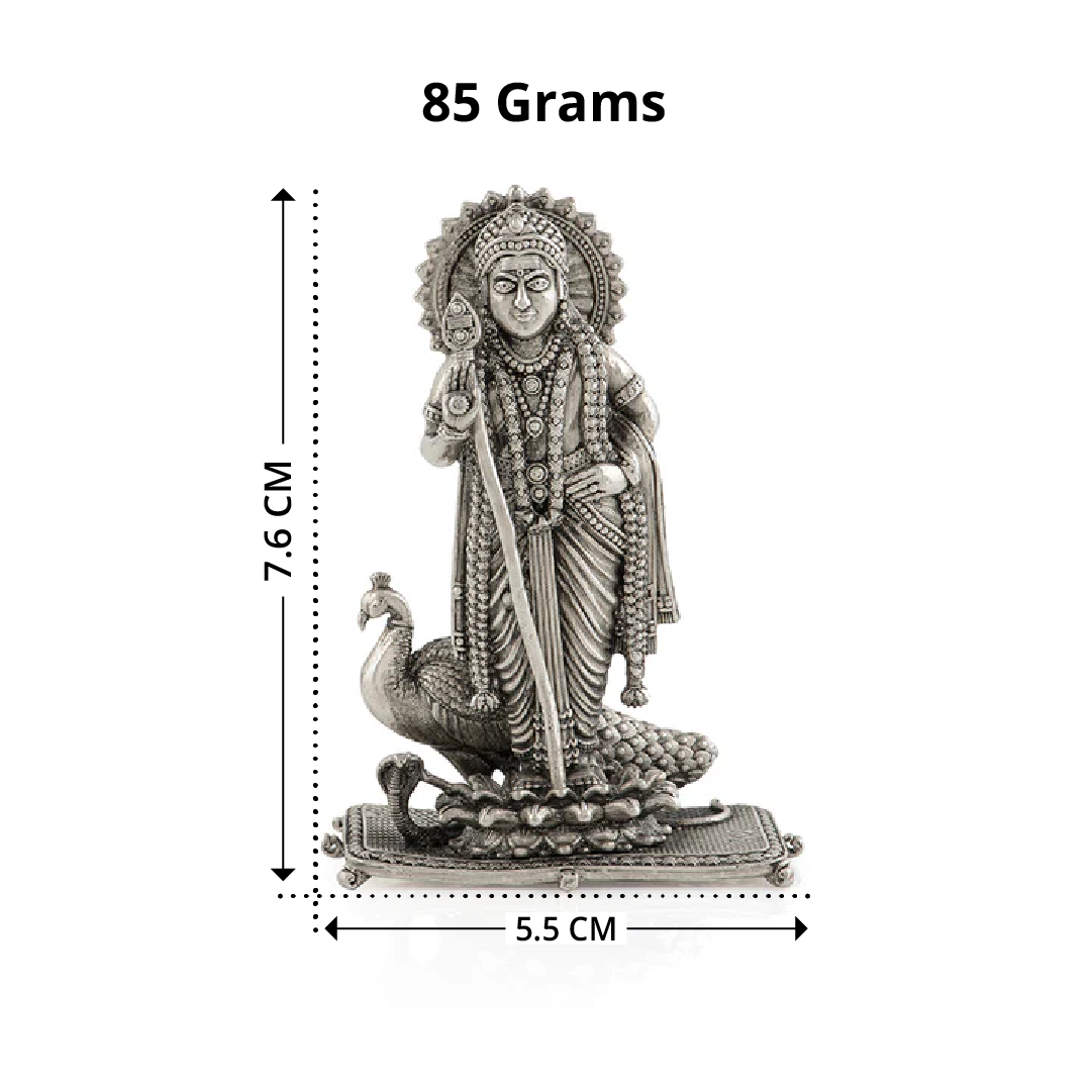 Lord Murugan in Silver with Peacock and Snake
