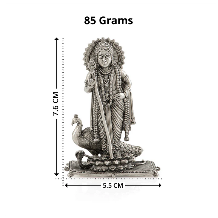 Lord Murugan in Silver with Peacock and Snake