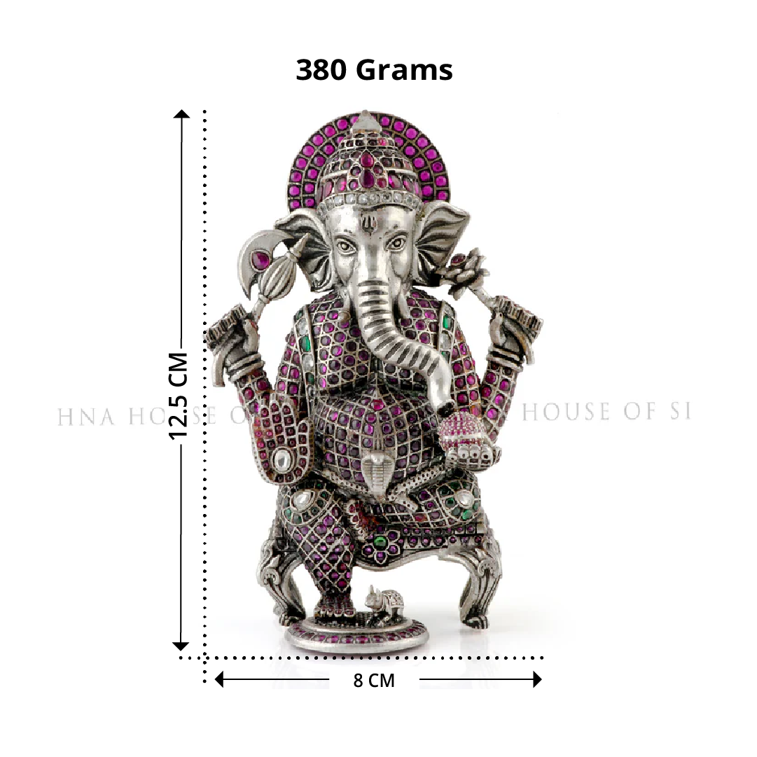 Silver Ganesha Idol with Gemstones - Seated & Detailed