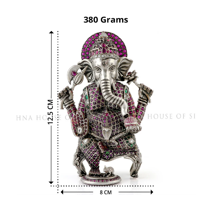 Silver Ganesha Idol with Gemstones - Seated & Detailed