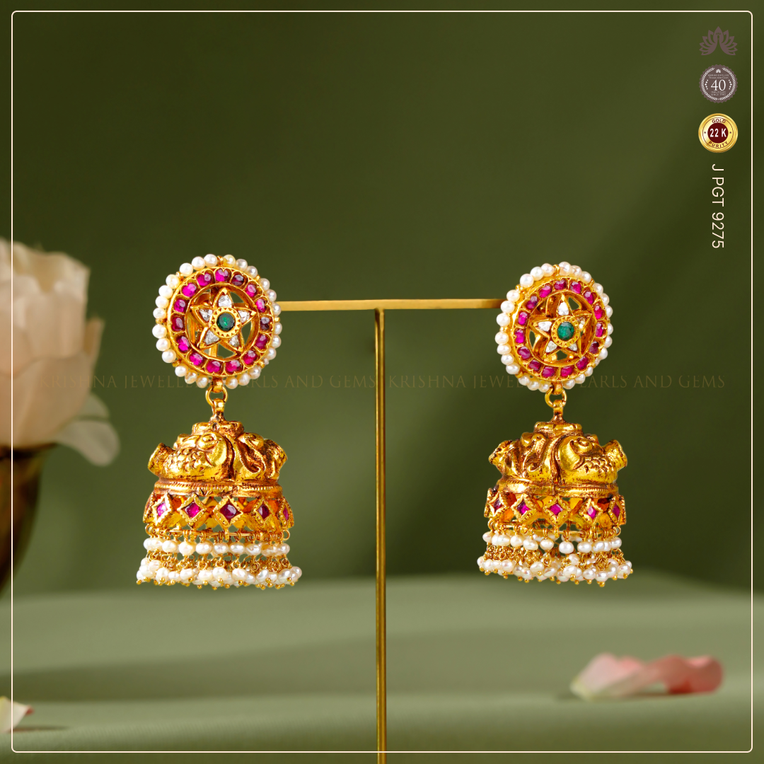 22K Gold Jhumka Earrings with Pearls | Traditional Elegance