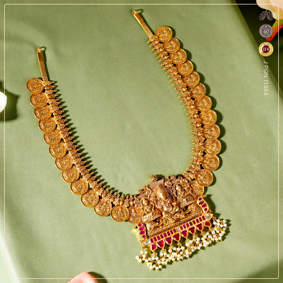 22K Gold Kasulaperu Necklace with Ganesh, Lakshmi & Saraswathi Devi Pendant
