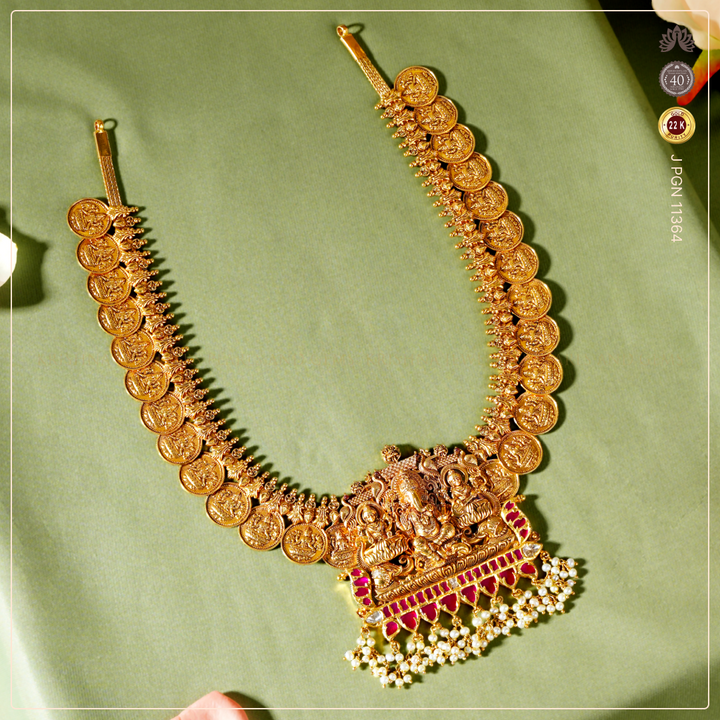 22K Gold Kasulaperu Necklace with Ganesh, Lakshmi & Saraswathi Devi Pendant