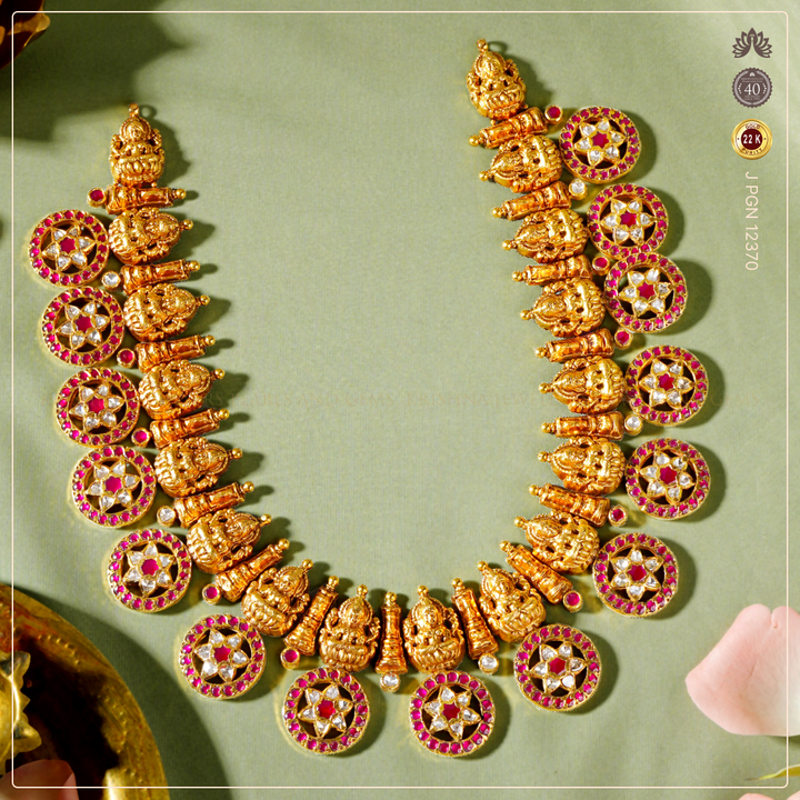 22K Gold Lakshmi Devi Bottumala Necklace with Emeralds & Rubies