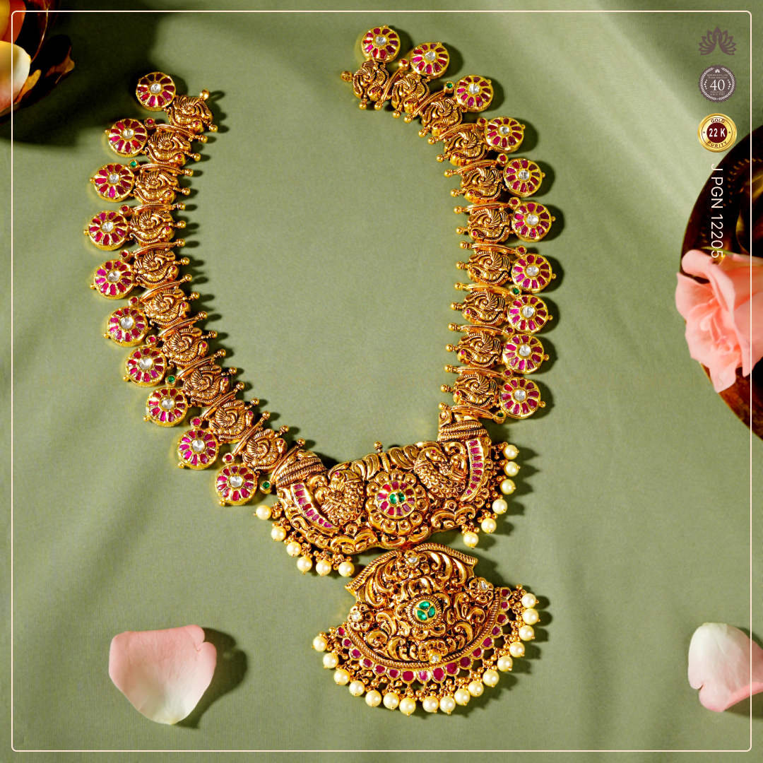 22K Gold Peacock Bottumala Bridal Haar Necklace with Emeralds, Rubies & Pearls