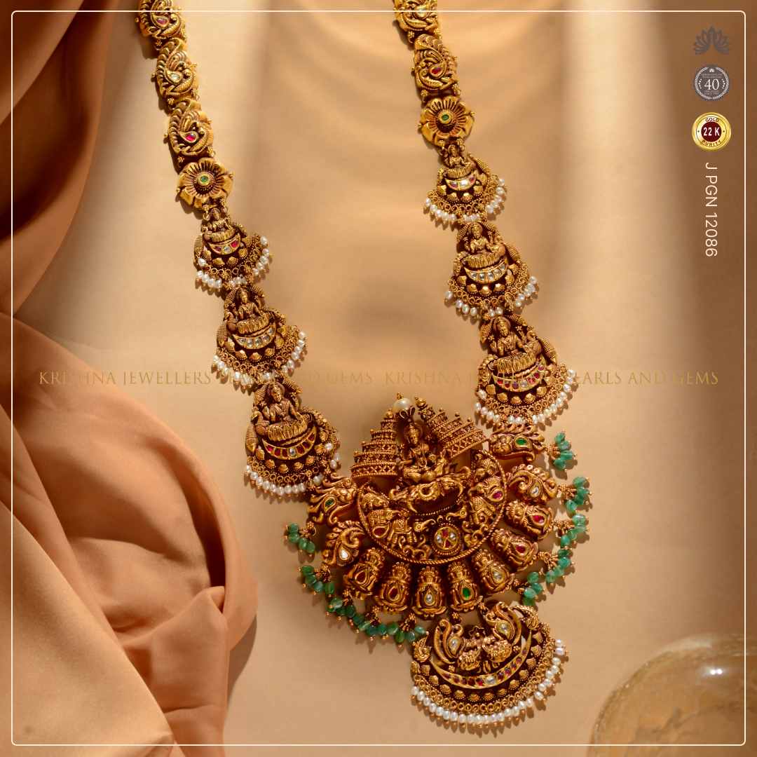 Gold Laxmi Devi Haar Necklace Crafted with Emeralds and Pearls