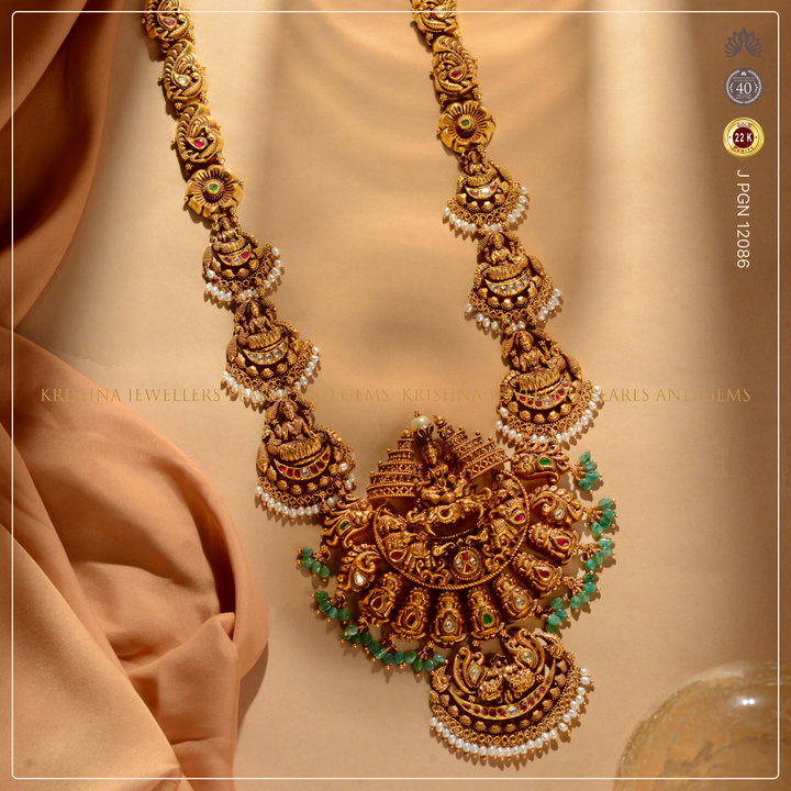 Gold Laxmi Devi Haar Necklace Crafted with Emeralds and Pearls