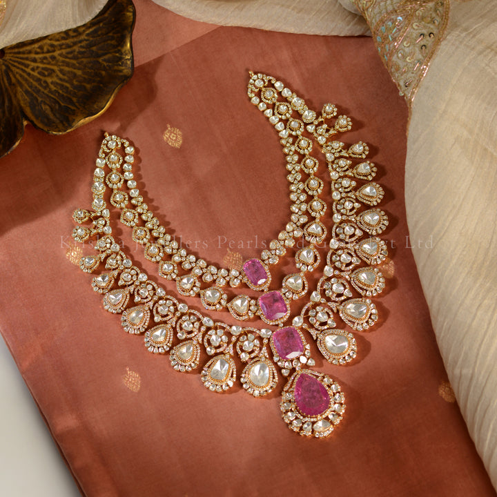 Royal Pink & White Polki Statement Necklace in 18K Gold | Bridal Luxury Jewellery