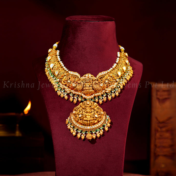 22K Antique Nakshi Kundan Polki Temple Necklace