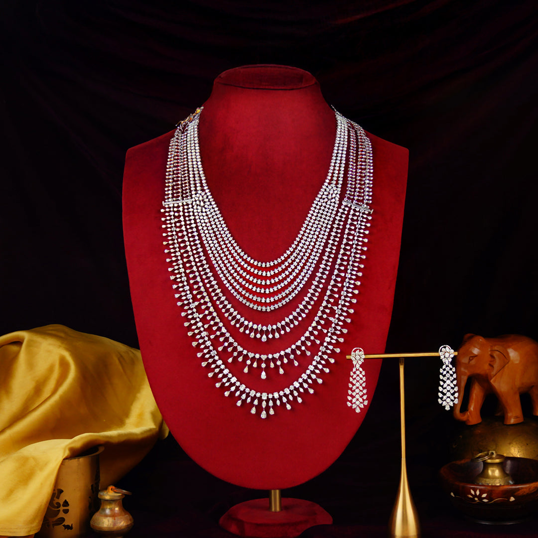 Multi Layered Diamond Haar Necklace with Matching Earrings – Bridal Set