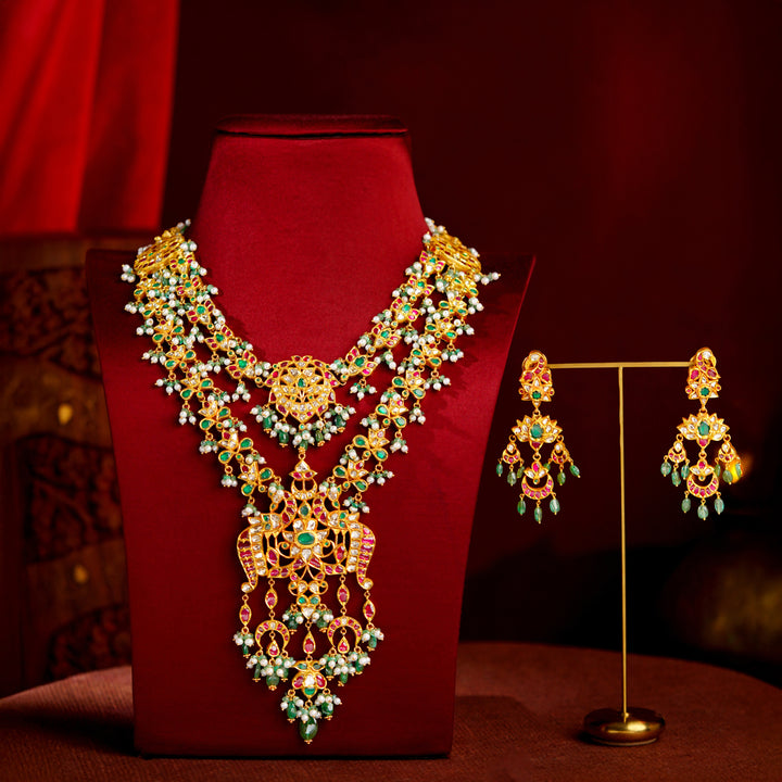 22K Gold Kundan Ruby Emerald Bridal Necklace Set