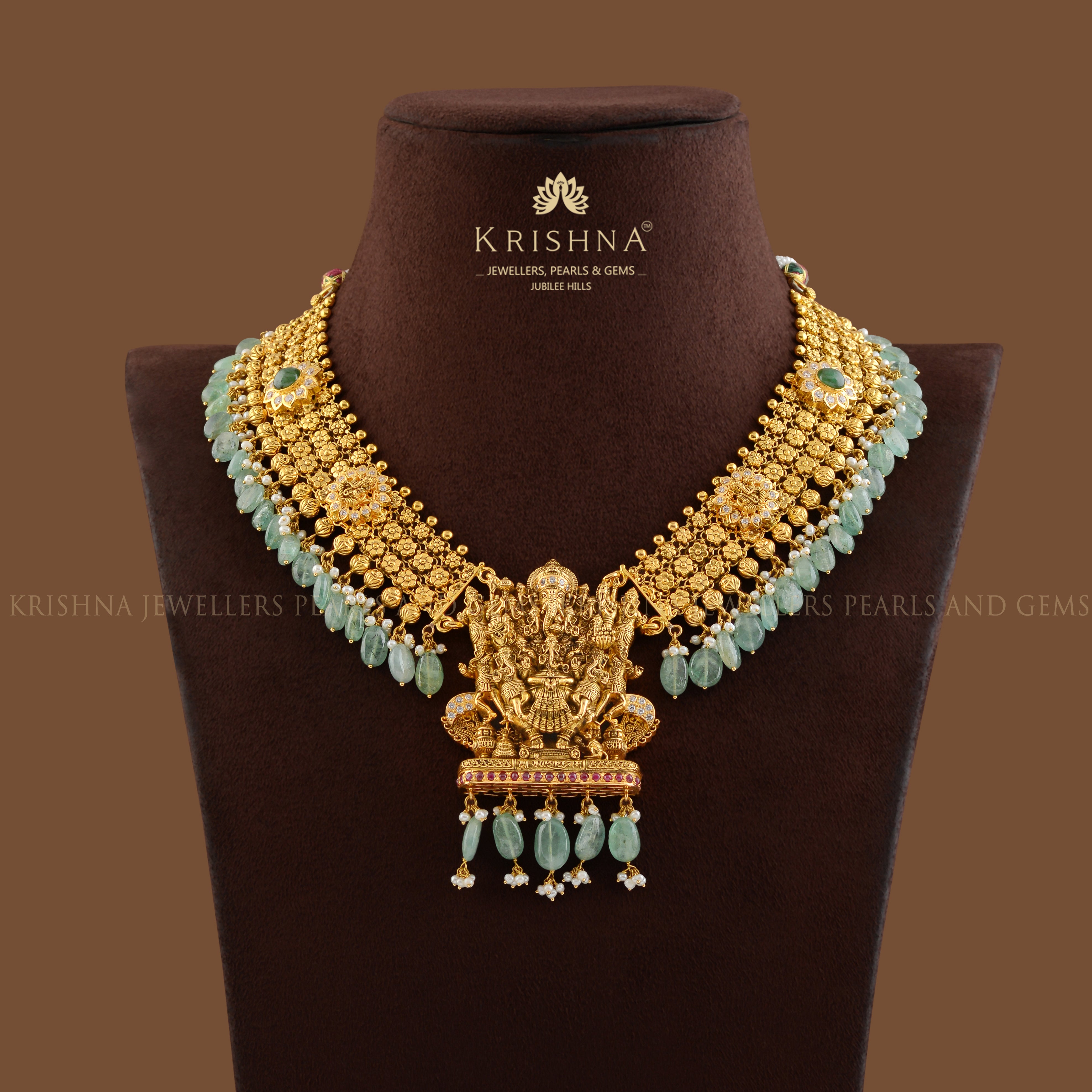 Gold Temple Necklace With Ganesh Pendant - Krishna Jewellers Pearls and Gems