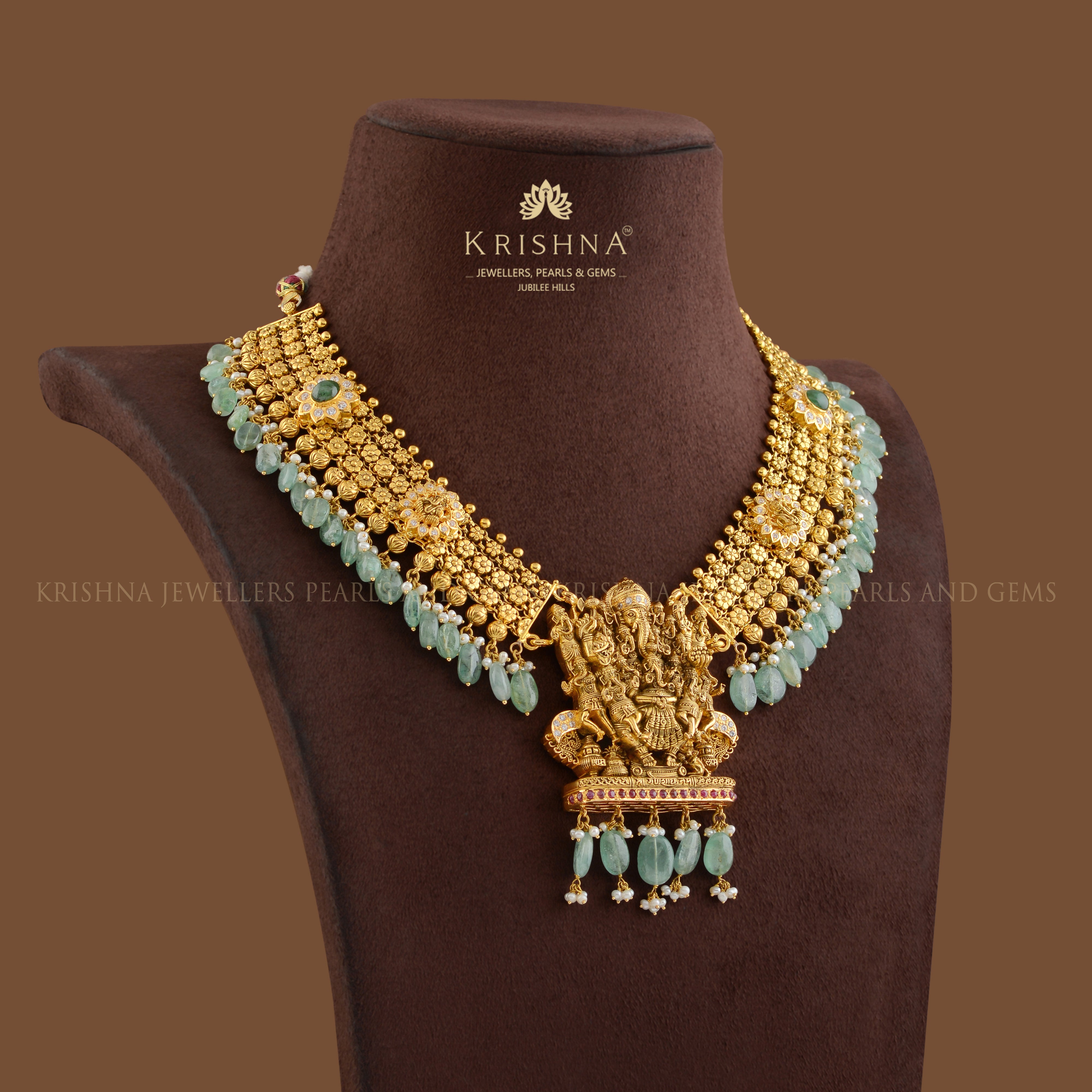 Gold Temple Necklace With Ganesh Pendant - Krishna Jewellers Pearls and Gems