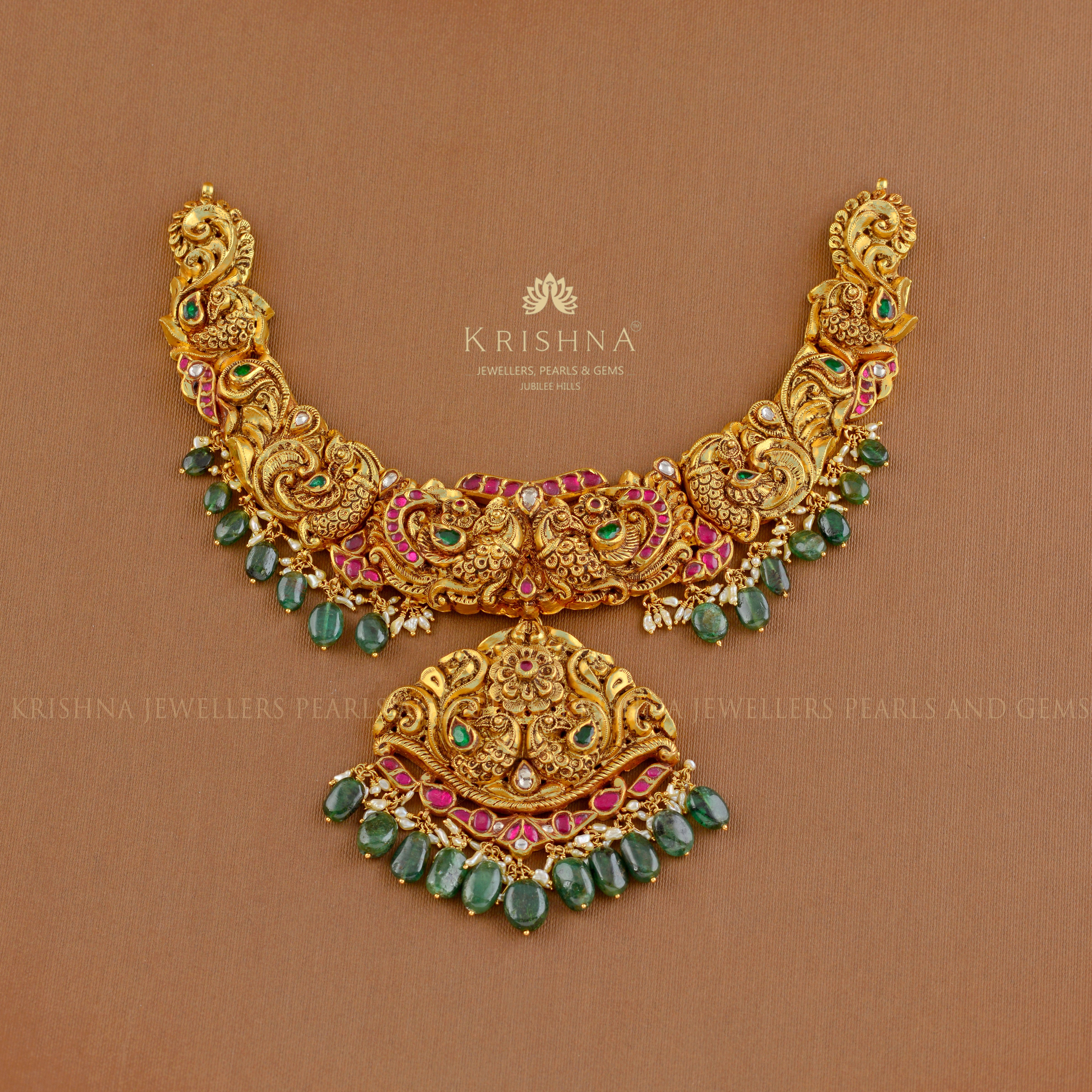 Gold Necklace In Peacock Design - Krishna Jewellers Pearls and Gems