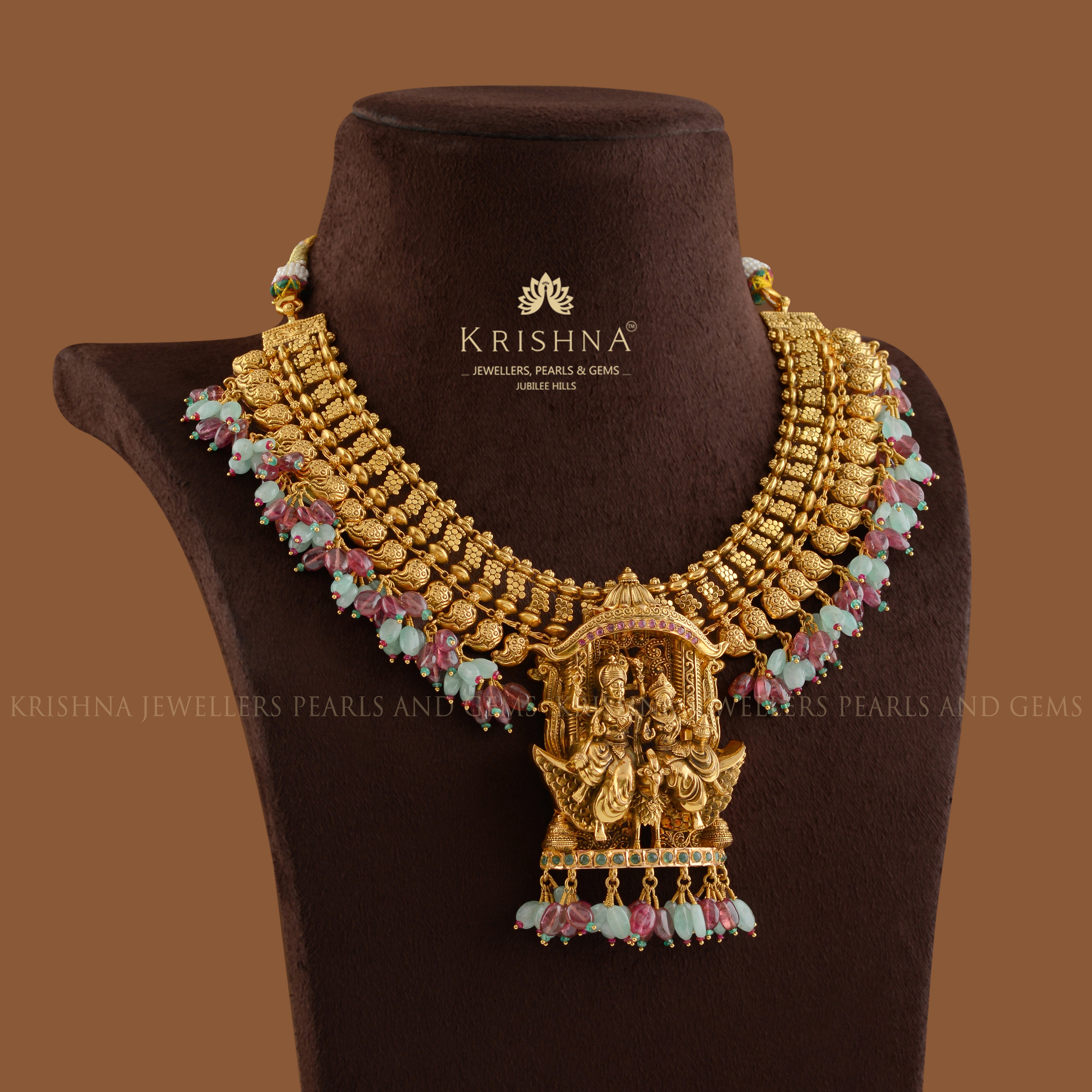 Vishnu-Lakshmi Gold Temple Necklace - Krishna Jewellers Pearls and Gems