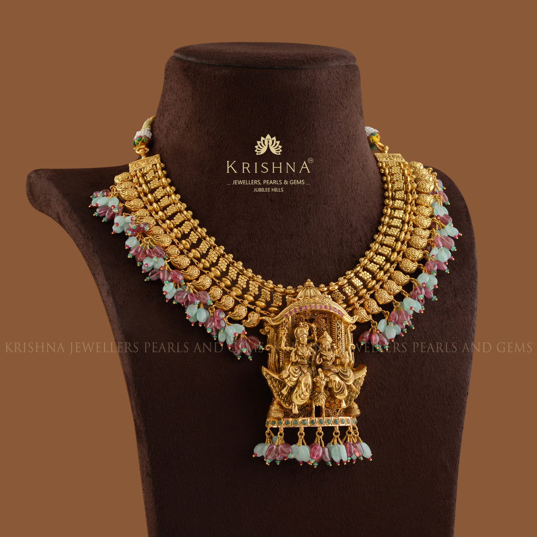 Vishnu-Lakshmi Gold Temple Necklace - Krishna Jewellers Pearls and Gems