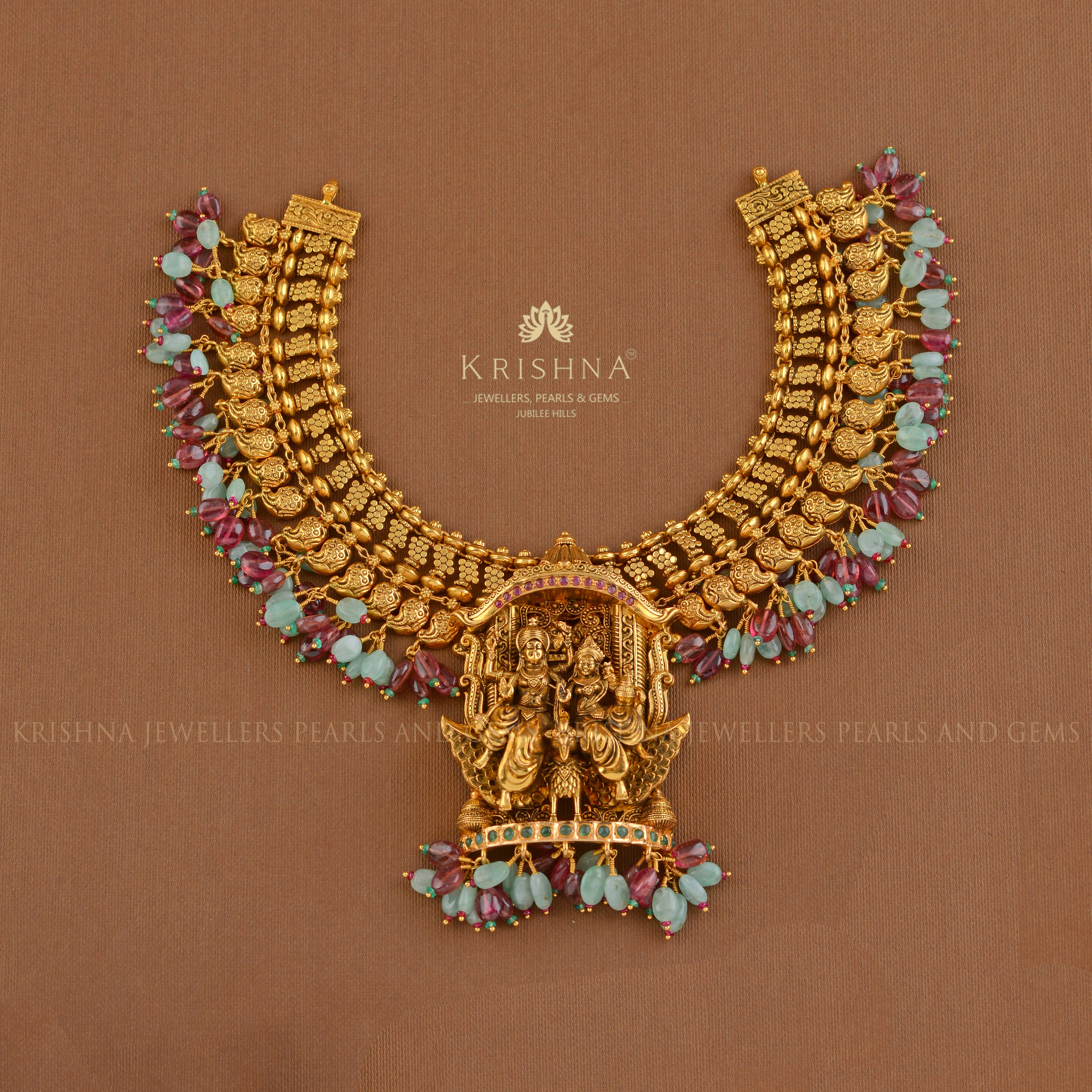 Vishnu-Lakshmi Gold Temple Necklace - Krishna Jewellers Pearls and Gems