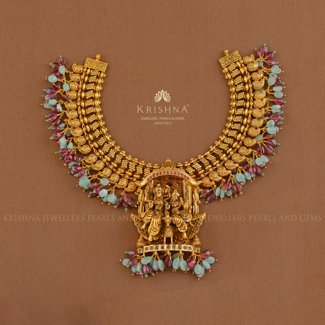 Vishnu-Lakshmi Gold Temple Necklace - Krishna Jewellers Pearls and Gems