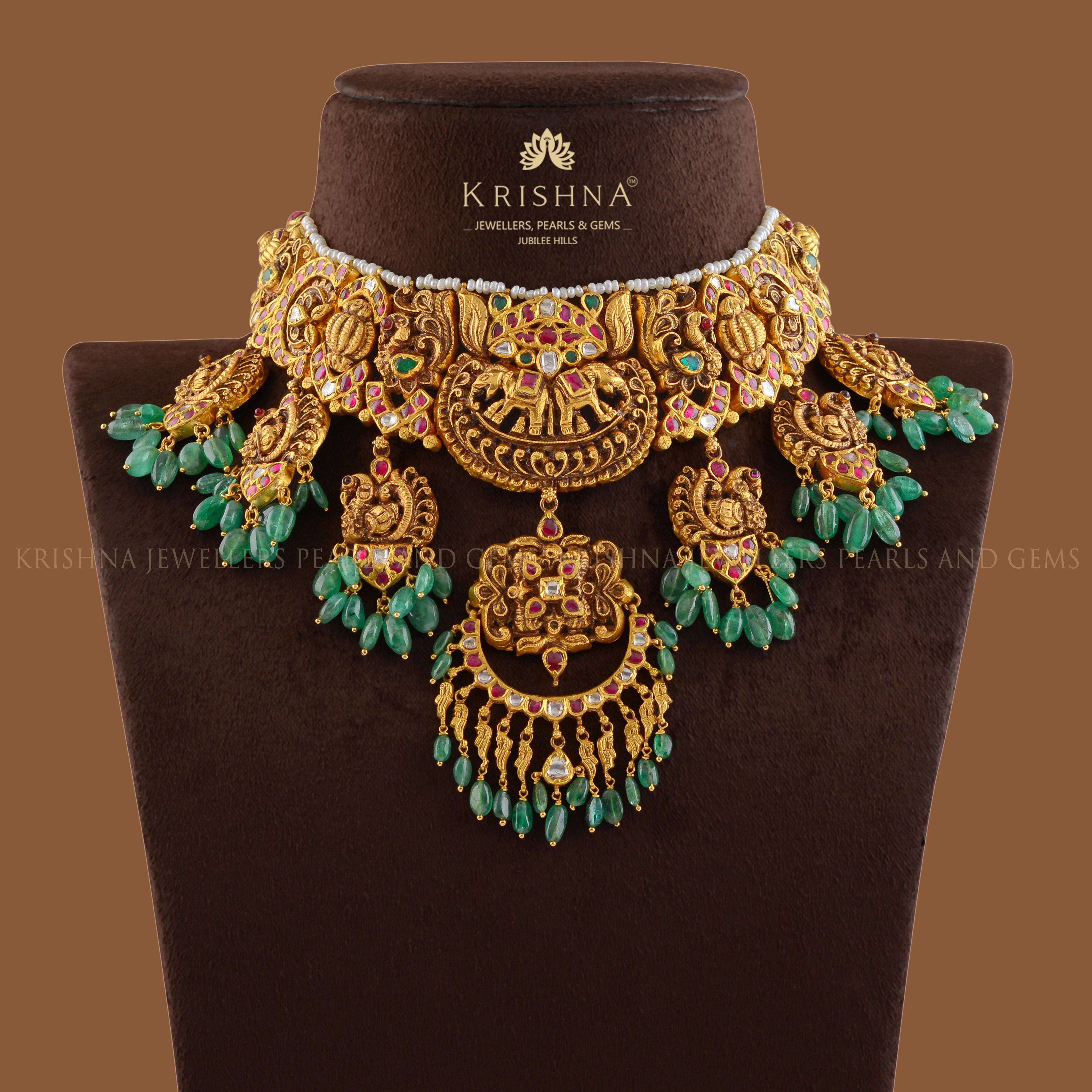Gold Necklace in Elephant and Peacock Motif - Krishna Jewellers Pearls and Gems