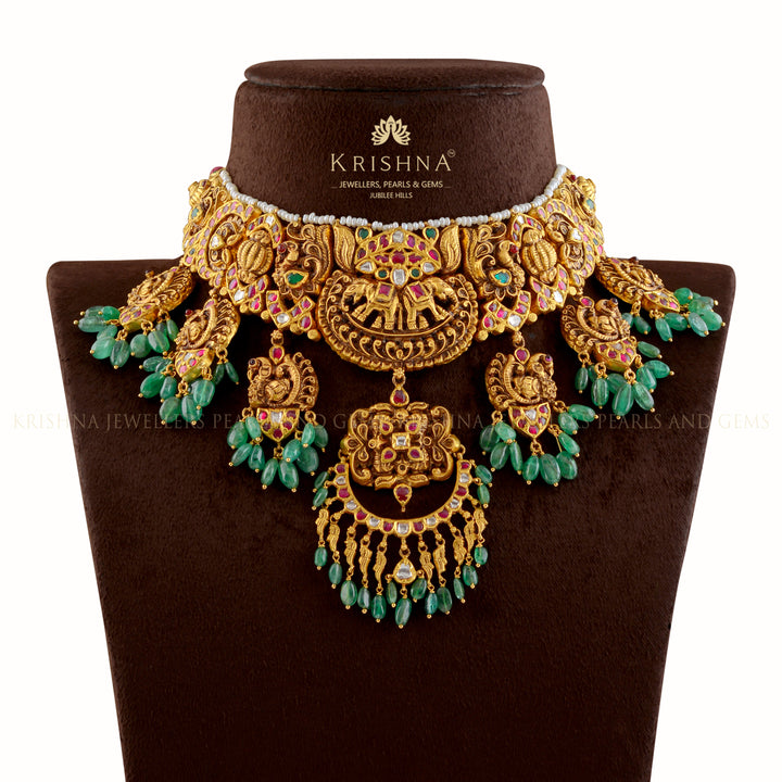Gold Necklace in Elephant and Peacock Motif - Krishna Jewellers Pearls and Gems
