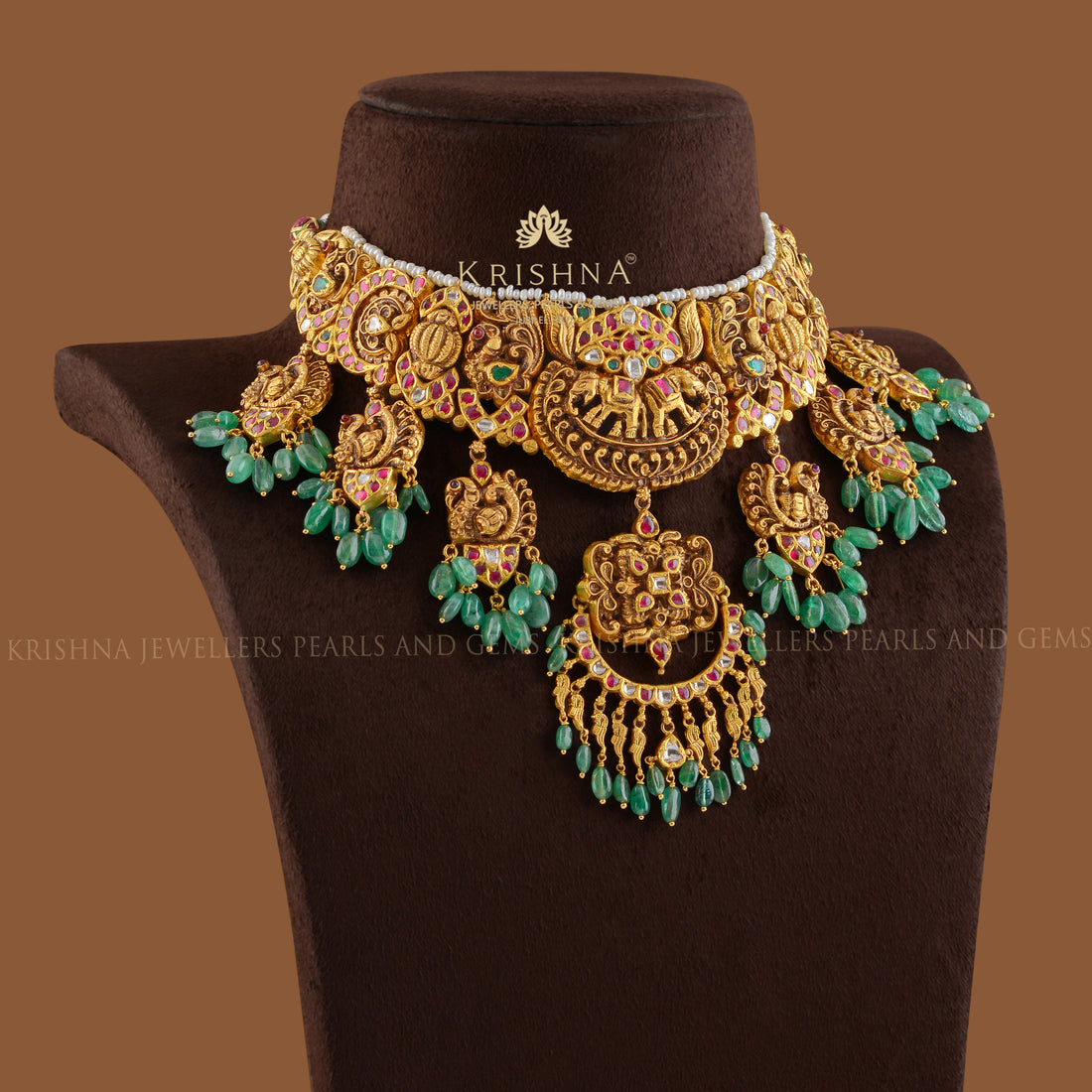 Gold Necklace in Elephant and Peacock Motif - Krishna Jewellers Pearls and Gems