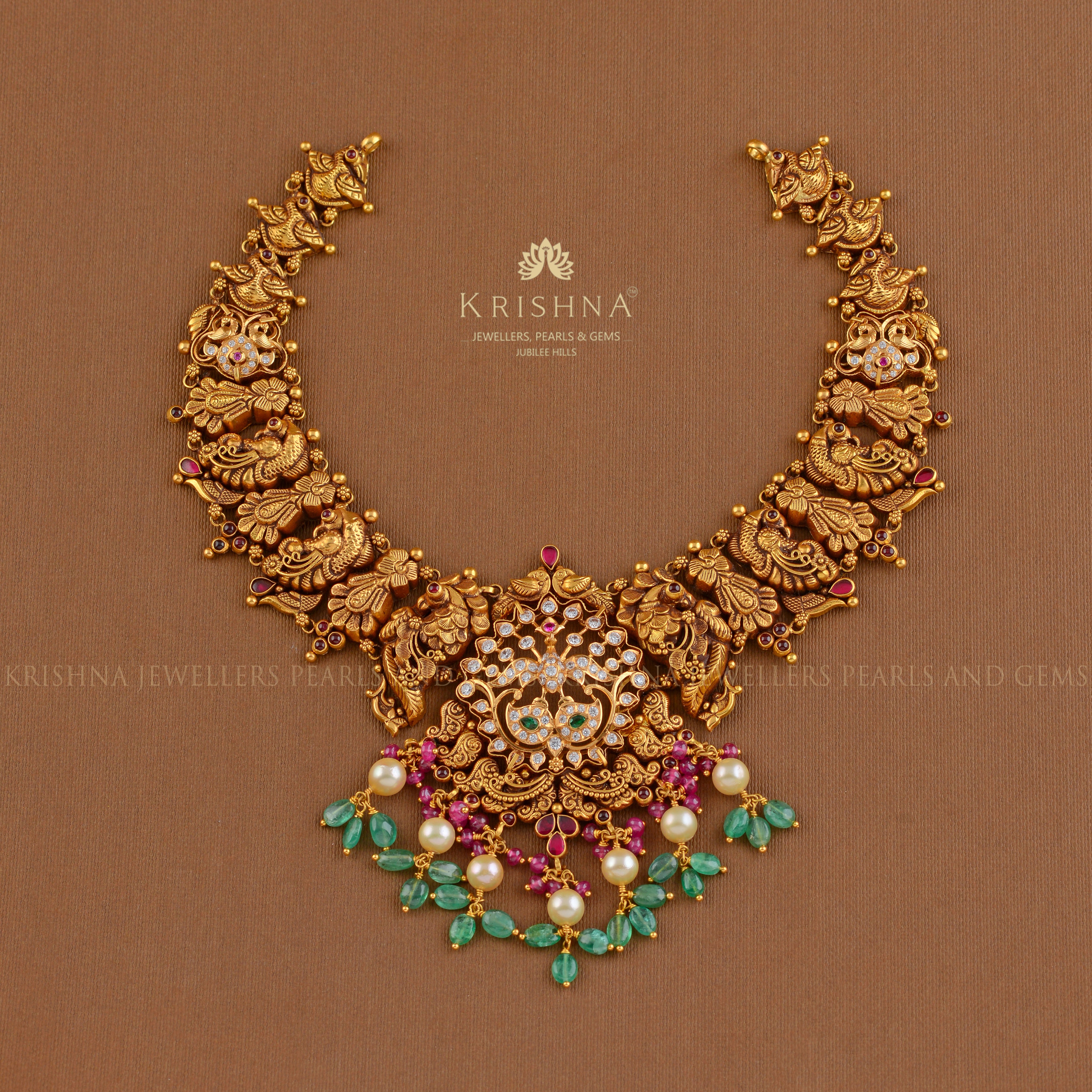 Tradtional Peacock Gold Necklace - Krishna Jewellers Pearls and Gems
