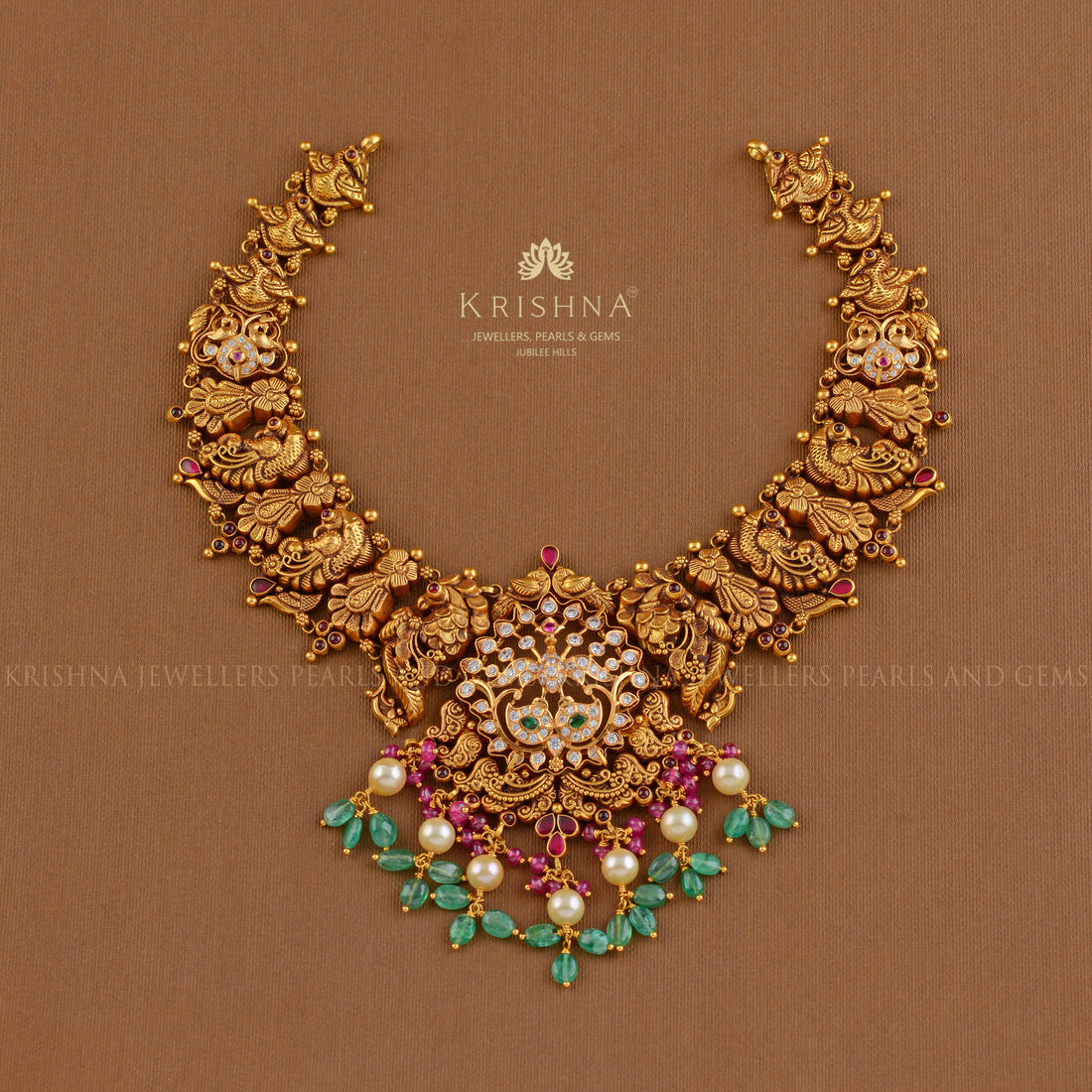 Tradtional Peacock Gold Necklace - Krishna Jewellers Pearls and Gems