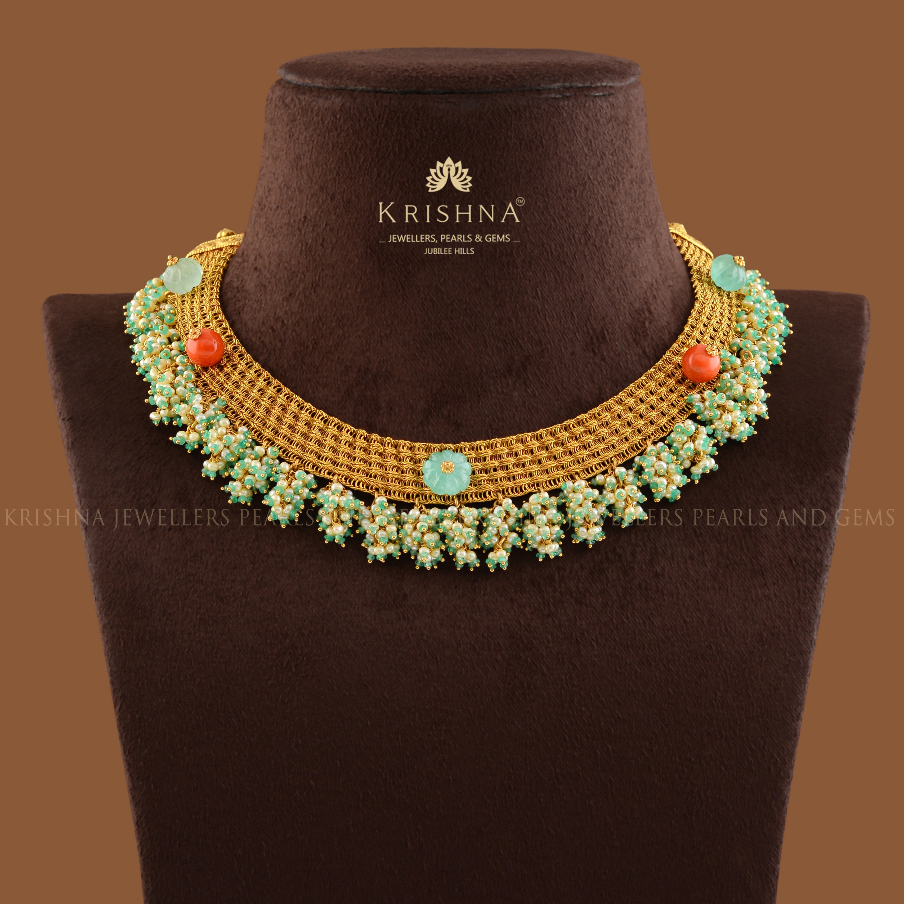 Emerald Gold Mesh Necklace - Krishna Jewellers Pearls and Gems