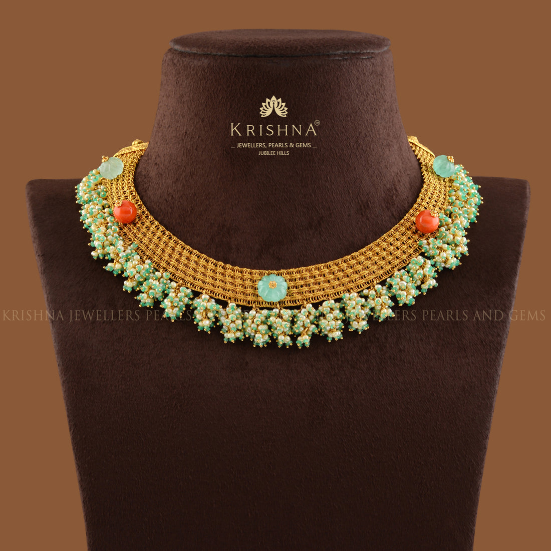 Emerald Gold Mesh Necklace - Krishna Jewellers Pearls and Gems